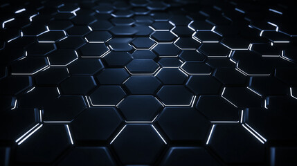 Fototapeta premium Futuristic hexagonal grid with glowing blue neon edges, high-tech abstract background 