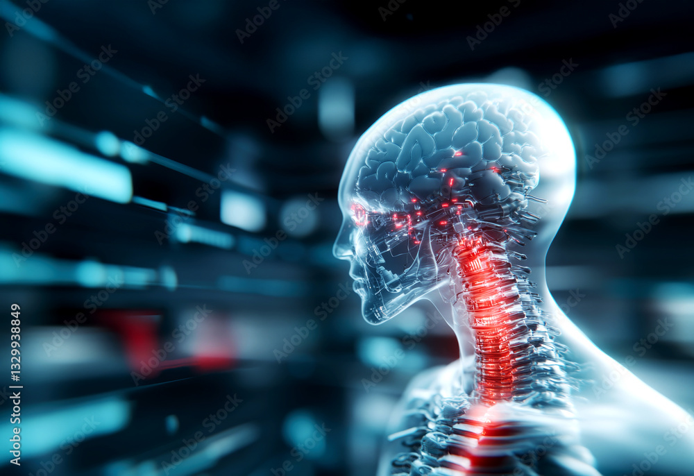 Poster aiming for precision exploring neural connections in the human spine digital realm 3d visualization 