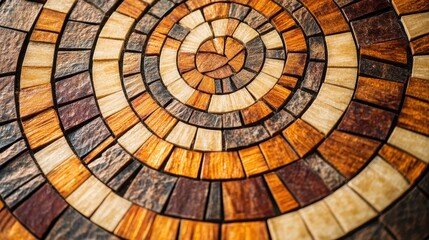 An artistic circular pattern of colorful stone tiles in warm brown and gold tones.