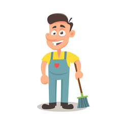 A cartoon janitor in blue overalls and a yellow shirt stands holding a broom. He has a friendly expression and appears ready to clean