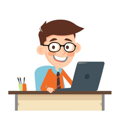 A smiling cartoon office worker wearing glasses, sitting at a desk with a laptop, representing corporate and administrative work