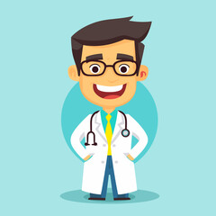 A friendly cartoon doctor in a white coat with a stethoscope, standing confidently, symbolizing healthcare and medical expertise

