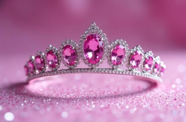 sparkling silver tiara adorned with pink gemstones on pink glitter background. elegance and luxury concept. fashion accessory, jewelry design, princess theme, party invitation.