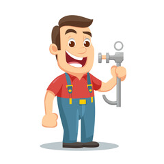 Fototapeta premium A cheerful cartoon plumber in overalls holding a pipe wrench, symbolizing repair, maintenance, and home improvement servicesplumber, repairman, a lot of copy space, cartoon, character, pipe wrench,