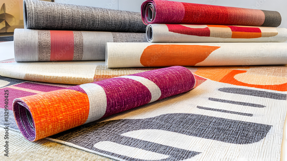 Poster a colorful carpet with overlapping patterns showcasing a roll of fabric creating a unique textile di