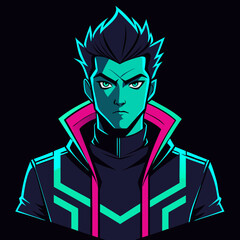 Cyberpunk Man Anime Character Vector – Neon Glow T-Shirt Design