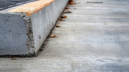 Close-up of a concrete curb with fallen leaves, capturing urban detail and texture.