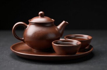 elegant brown teapot with two matching cups on platter against dark background. concept of traditional tea ceremony, asian culture and hospitality. print design, menu poster