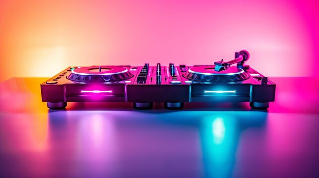 Professional dj turntable set up for live music events with vinyl records and headphones in a nightclub environment
