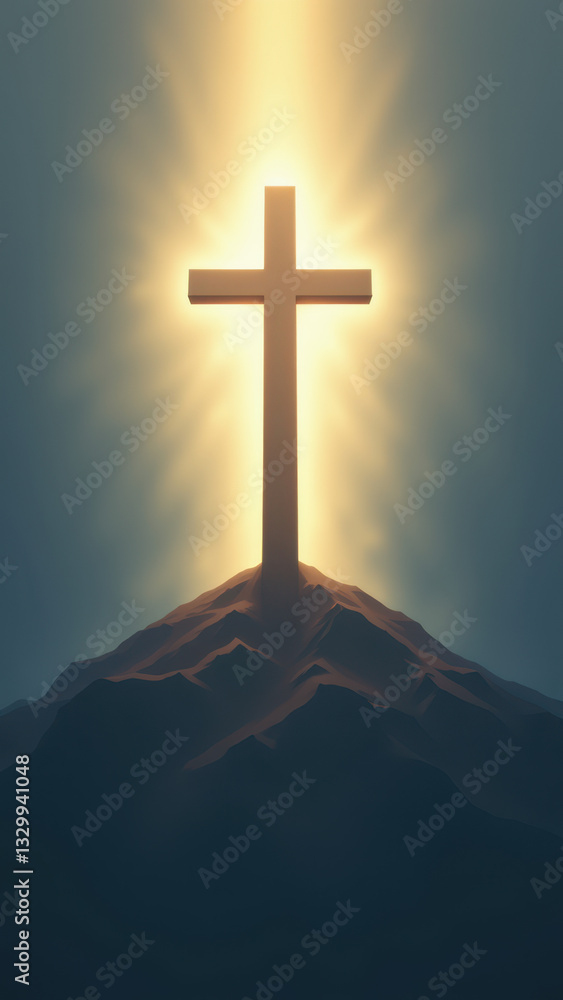 Poster christian cross on top of a hill with rays of light shining down from above, symbolizing enlightenme