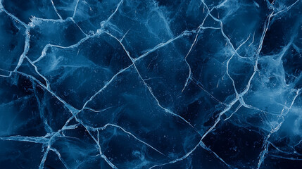 Frozen cracked ice texture, deep blue and white crystalline surface with intricate fractures and reflections, cold winter landscape background
