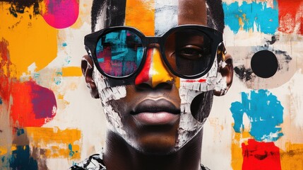 Portrait of a young african american fashionable man combined with modern art collage including geometric shapes, bold colors and different textures; black model in a graffiti style