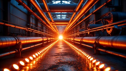 Warm glowing pipes illuminated by firelight for industrial design