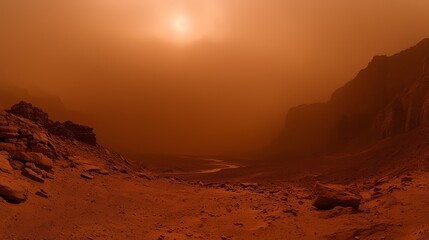 Naklejka premium Desolate desert landscape with a large rock formation in the foreground. The sky is orange and the sun is setting