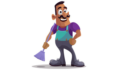 A friendly cartoon janitor in work overalls holding a mop and smiling, representing cleaning services and maintenance work