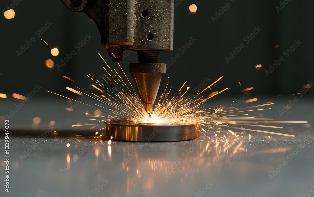 Poster close up of sparks flying from metal processing with laser engraving machine on table in factory
