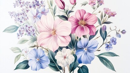 Obraz premium Elegant oil painting with pink and small lilac flowers on white background, vintage clipart