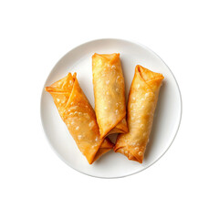 Three fried spring roll on a plate isolated png.