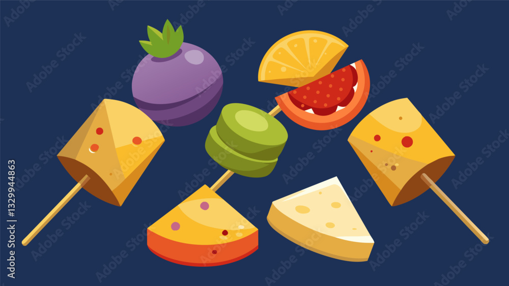 Poster bitesized cheese and cracker skewers with a variety of gourmet cheese and slices of fresh fruit.. ve