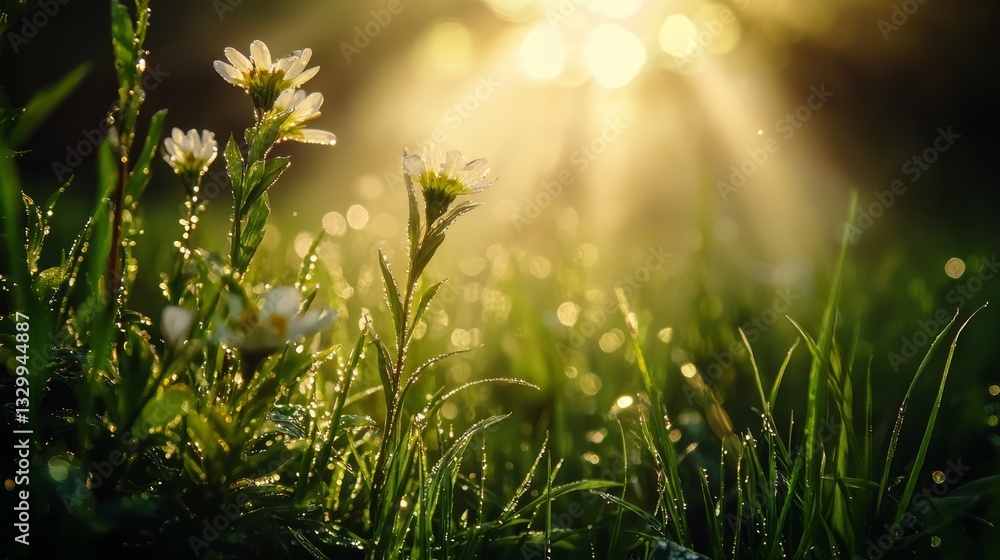 Poster field of grass with a few flowers in the foreground. the flowers are white and the grass is green. t