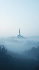 Fototapeta premium A serene landscape with a church silhouetted against the foggy backdrop of hills.