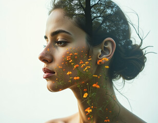 Double exposure of a woman in a surreal natural environment.