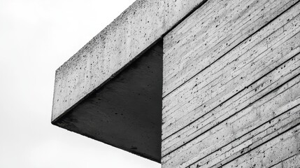 An abstract view of a modern concrete structure showcasing bold lines and textures against a cloudy sky.