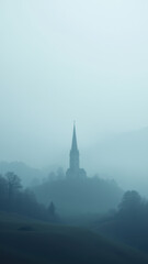 Fototapeta premium Misty hillside landscape with a church and a cross.