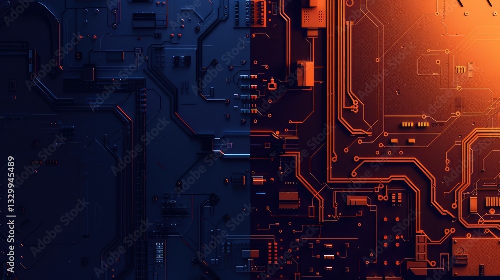Poster a striking abstract design featuring a circuit board with a gradient of navy blue and orange hues. p