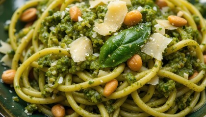 Delicious Bucatini Pasta with Vibrant Green Pesto Sauce Topped with Pine Nuts and Parmesan Cheese