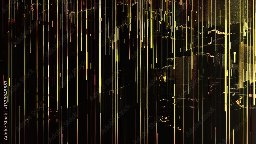 Poster this abstract image features a glitchy pattern with broken, vertical lines that create a dynamic and