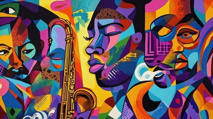 A vibrant abstract mural style wallpaper that celebrates the harlem renaissance, blending music, literature, and art. black history month concept. Mural. Illustration
