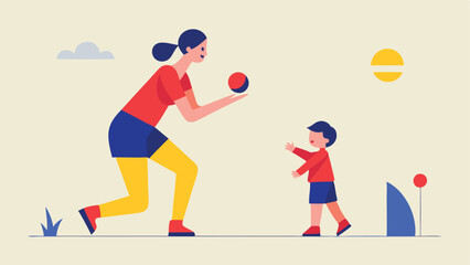 Fototapeta premium Joyful Mother's Day: Minimalist Illustration of Mom and Toddler Playing Catch in a Sunny Park, Celebrating Family Love and Happy Moments. Perfect for cards, websites, and social 
