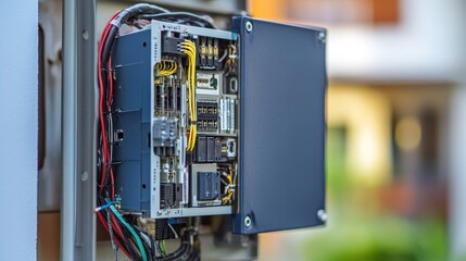 Close-up of an electrical control panel showcasing intricate wiring and components.