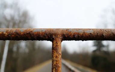 Close Up of a Rusted Metal Railing in a Blurred Natural Setting