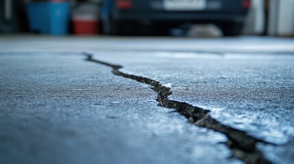 Fototapeta premium Close-up of a cracked concrete floor in a garage, highlighting wear and structural issues.