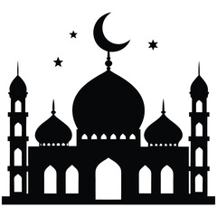Silhouette of a Mosque with domes minarets and a crescent moon symbol

