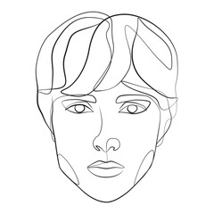 Man head one line drawing on white isolated background. Handsome male face with open eyes and hair styled