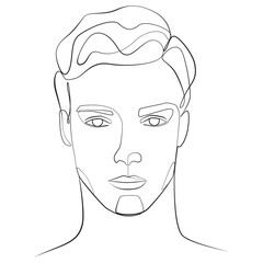 Man head one line drawing on white isolated background. Handsome male face with open eyes and hair styled