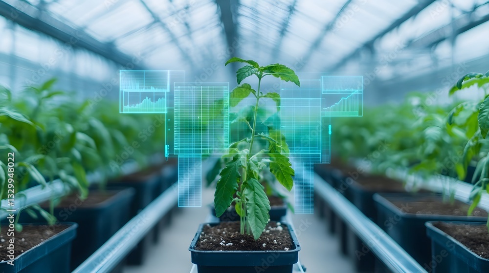 Poster high-tech greenhouse with floating data overlays displaying plant metrics