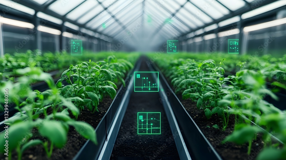 Poster futuristic smart greenhouse with floating data metrics for precision agriculture