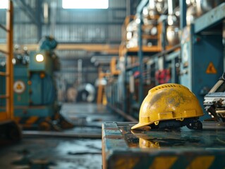 Yellow hard hat is sitting on a table in a factory