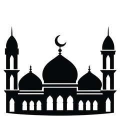 Silhouette of a Mosque with domes minarets and a crescent moon symbol
 