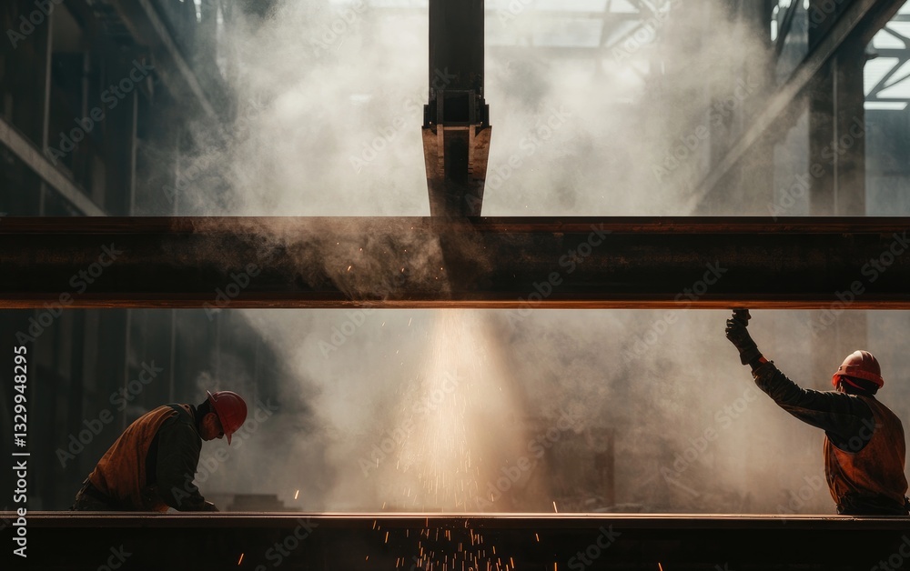Poster two industrial workers in orange safety vests and red hard hats working on a metal beam in a hazy fa