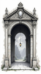 Fototapeta premium Grand entrance to a Christian church with ornate archways, stone details, and a lit lantern in an idyllic setting with mountains.
