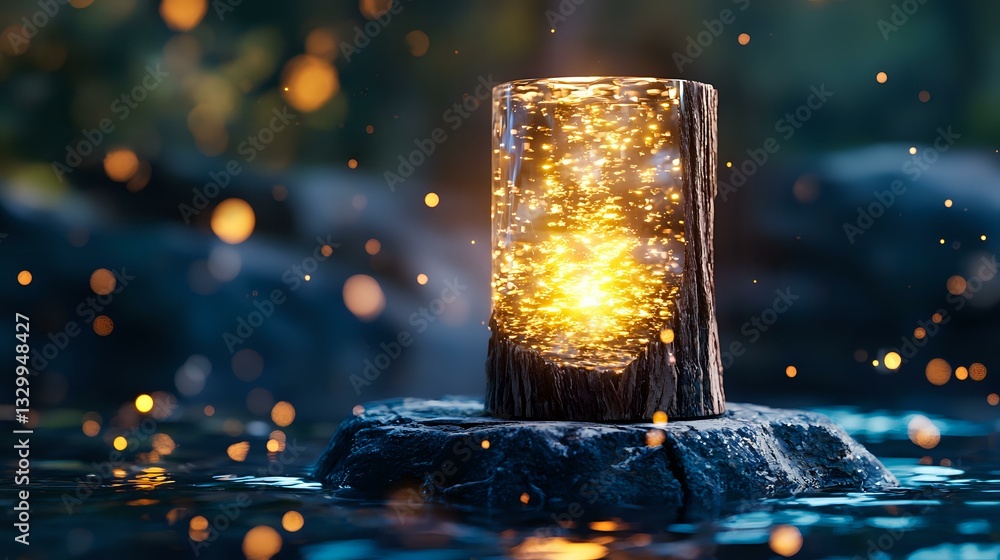 Poster glowing magical lantern on stone in water with golden bokeh lights creating mystical atmosphere. enc