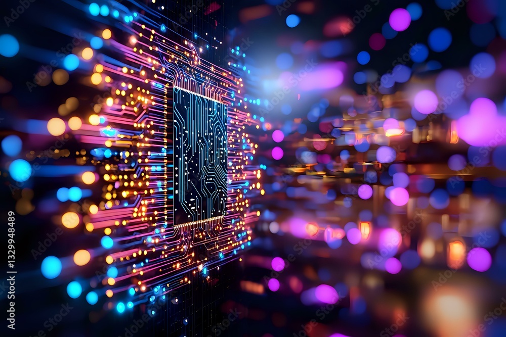 Poster glowing fiber optic cables and circuit board with colorful bokeh lights creating futuristic technolo