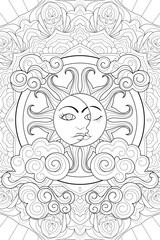 Bohemian zentangle coloring page with sun, clouds and zentangle mandala. Black and white witchcraft vector art. Wiccan illustration. Tarot deck design.