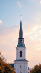 Fototapeta premium Sunlit white church with steeple at sunset.