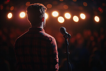 Stand-up comedian performing live on stage with microphone, vibrant concert ambiance created with generative AI